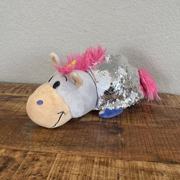 Flip A Zoo 12" Plush Stuffed Animal Unicorn/ Aki Tiger Sequined Silver Pink - Picture 2 of 9